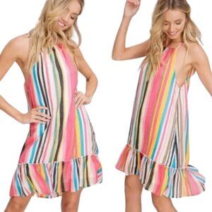 Listicle MULTI COLOR STRIPED HALTER NECK RUFFLE SHORT SHIFT DRESS -TIE BACK